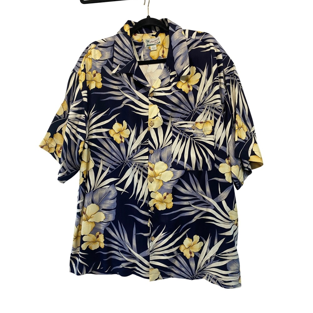 Monterey Club Button Up Shirt Mens XXL Navy Blue 100% Silk Tropical Floral Aloha